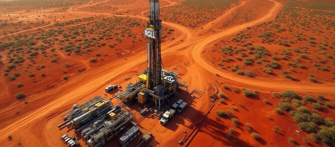 Riversgold Ltd-RGL-Oil rig situated in a vast, arid desert landscape with red soil and sparse vegetation.