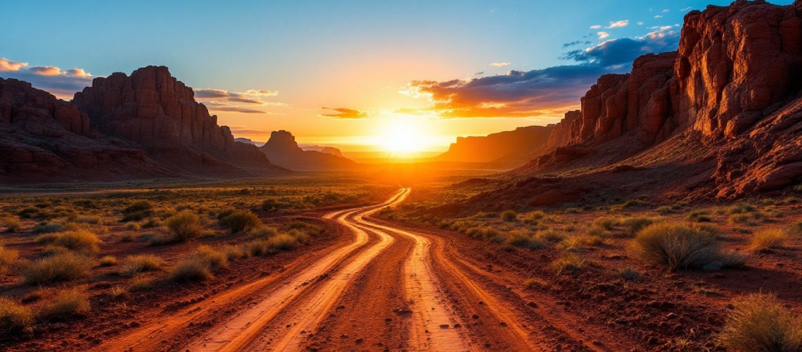 Riversgold Ltd-RGL-Sunset over a desert landscape with a winding dirt road and majestic rock formations.