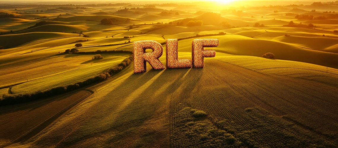 RLF Agtech Ltd-RLF-Golden fields with "RLF" formed from crops, under a bright sunrise.