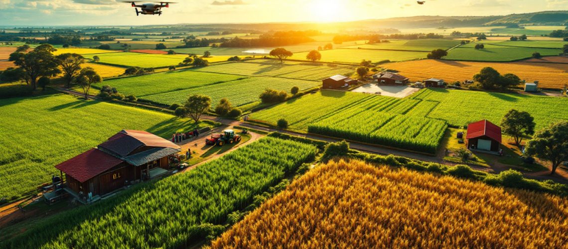 RLF Agtech Ltd-RLF-Drones flying over a scenic, sunlit farm landscape with green fields and farm buildings.