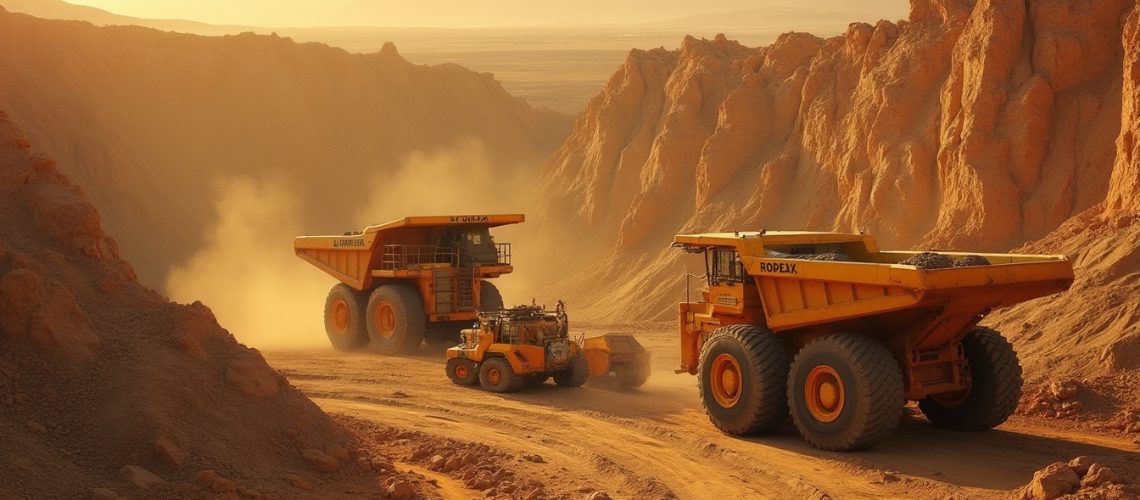 Two large yellow dump trucks in a dusty desert quarry under a warm sunset.