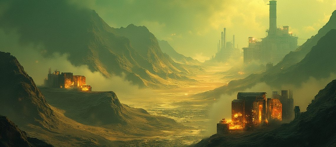 Futuristic industrial landscape with glowing factories nestled between mountains under a green sky.