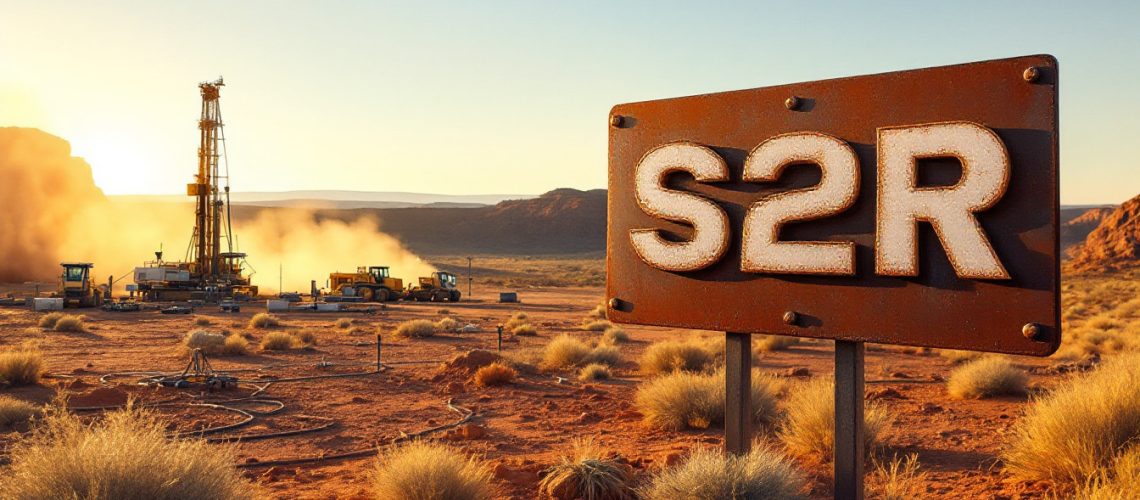 S2 Resources Ltd-S2R-Rustic sign reads "S2R" in a desert landscape with drilling operation in the background.