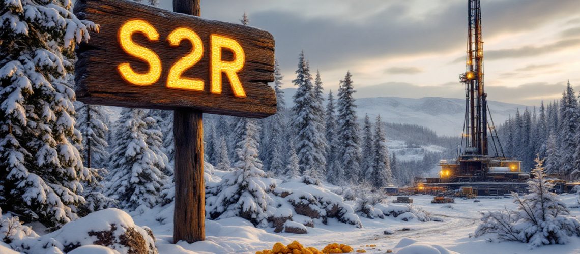 S2 Resources Ltd-S2R-Snowy landscape with a glowing "S2R" sign, golden nuggets, and a lit-up oil rig in the background.