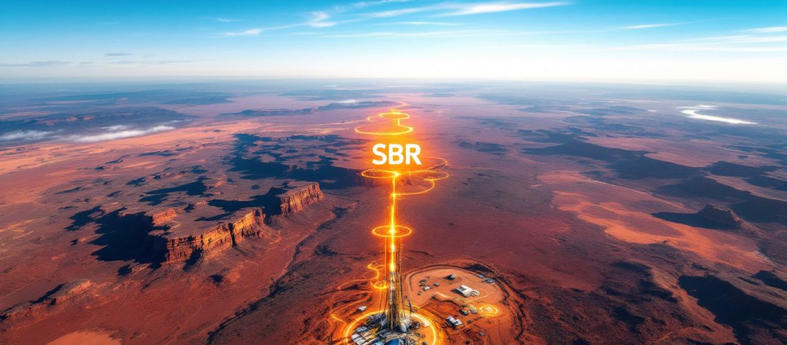 Sabre Resources Ltd-SBR-Aerial view of a desert landscape with futuristic energy beam marked "SBR" pointing skyward.