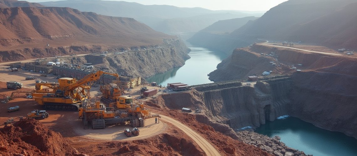 Mining site in a desert landscape, with large machinery and a river cutting through dusty red terrain.