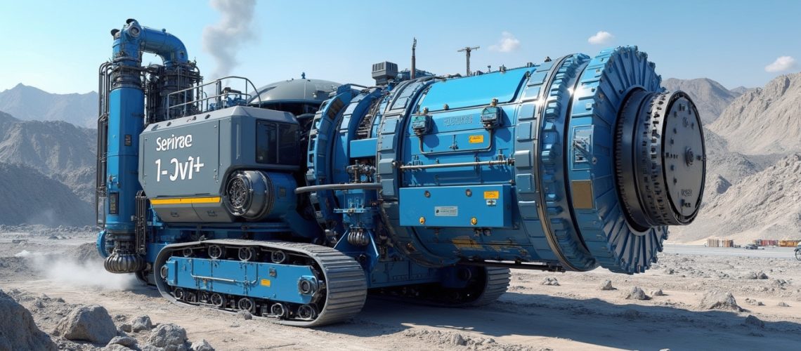 Futuristic blue industrial machine on tracks in a desert landscape.