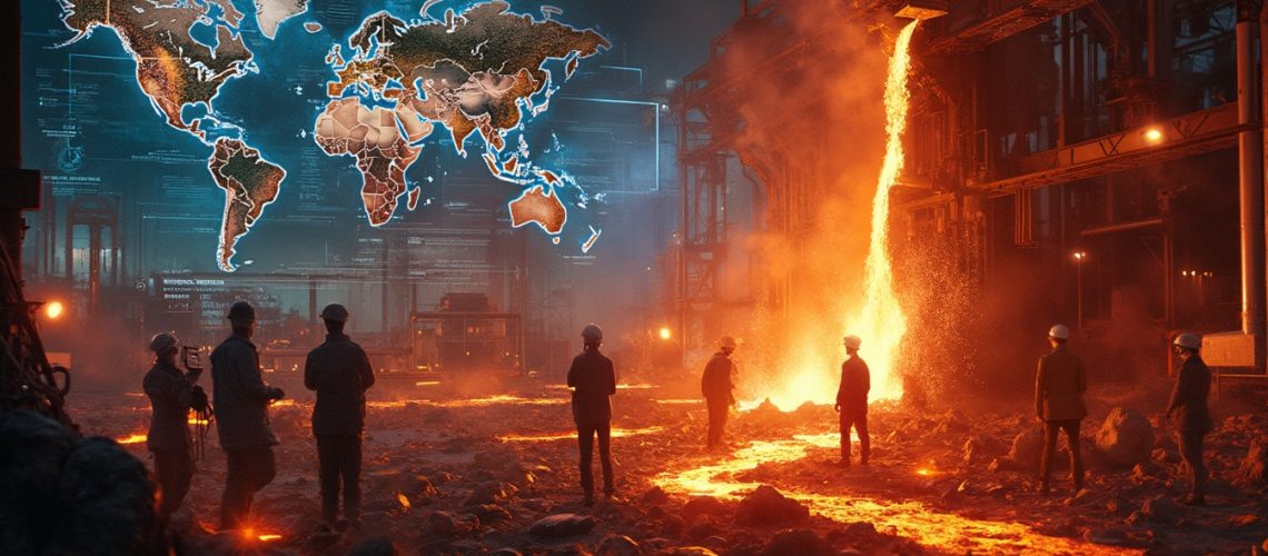 People observing molten metal in a factory with a futuristic world map display.