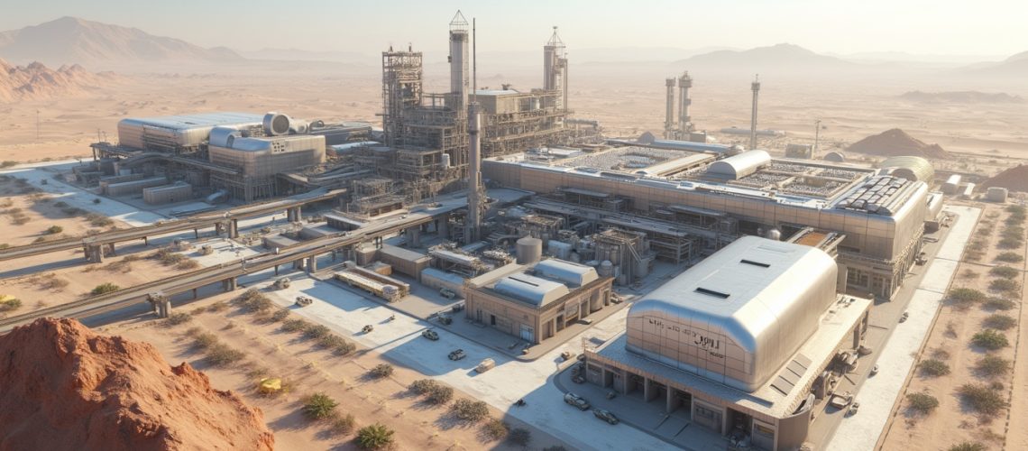 Futuristic desert industrial complex with large structures and surrounding sandy terrain.