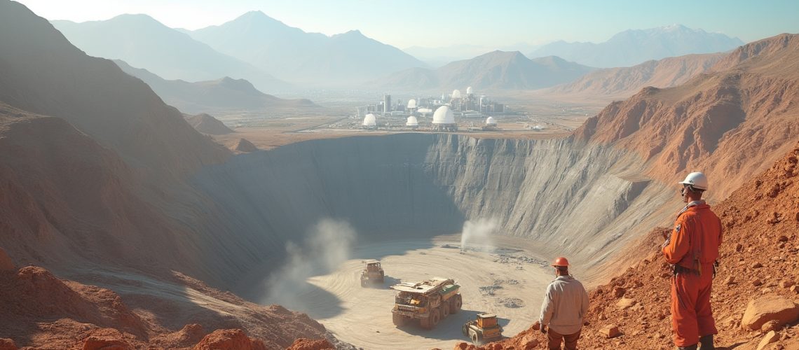 Two workers observe a large mining pit with machinery, set against a mountainous landscape.