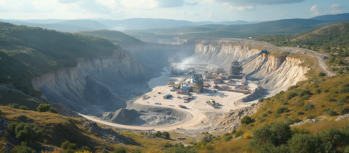 Quarry with heavy machinery in a vast, open pit surrounded by lush green hills and cloudy sky.