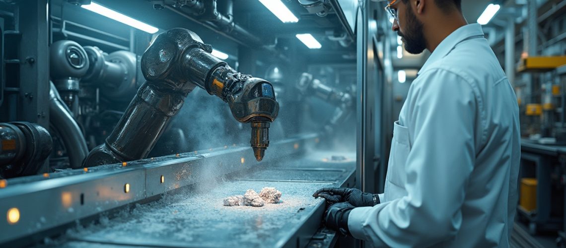 Engineer in a lab coat monitors robotic arm processing mineral samples on a conveyor belt.