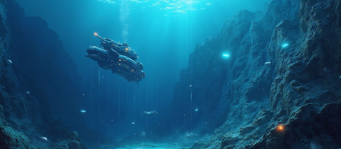 Futuristic submarine exploring a deep, rocky underwater canyon, softly illuminated by blue light.