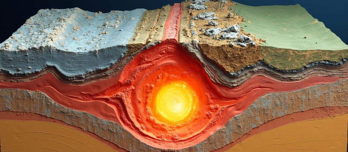 Cross-section of earth layers with molten core and varied surface textures.