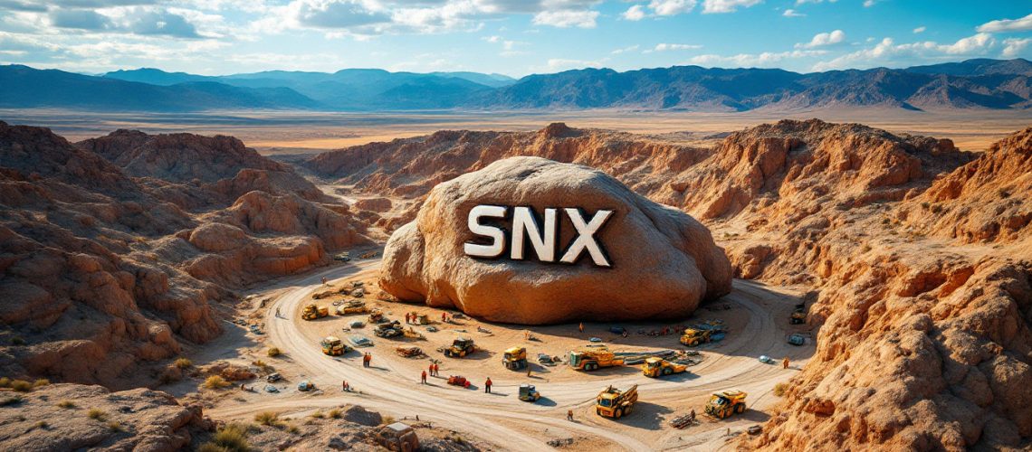 Sierra Nevada Gold Cdi 1:1 US Person Prohibited Excluding QIB-SNX-A colossal boulder with "SNX" surrounded by construction vehicles in a rocky desert landscape.