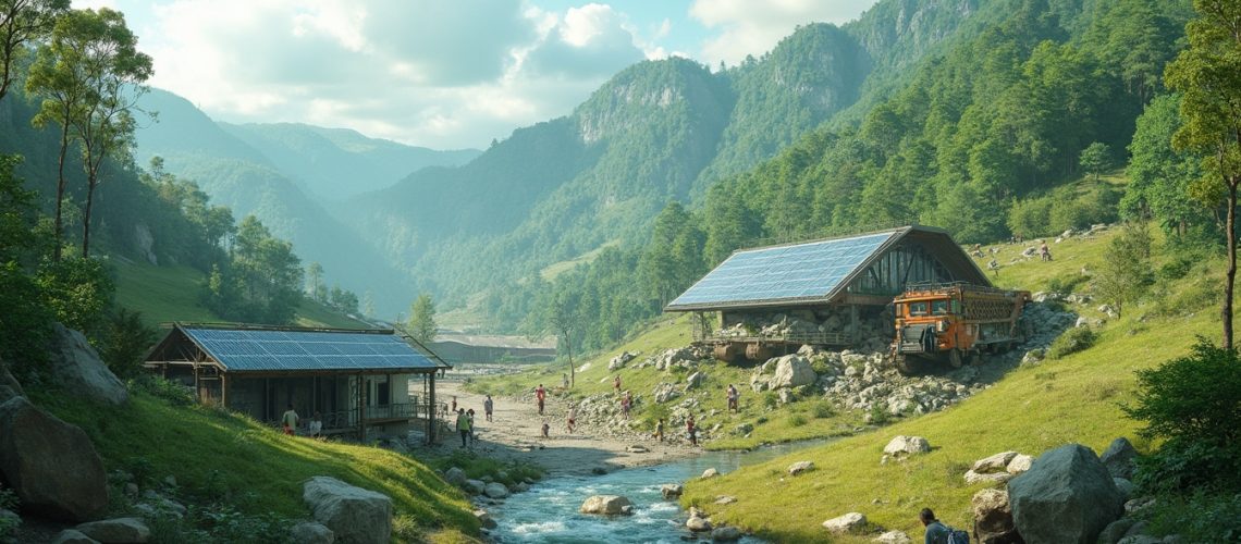 Mountain village with solar panels, a stream, and people walking under a clear blue sky.