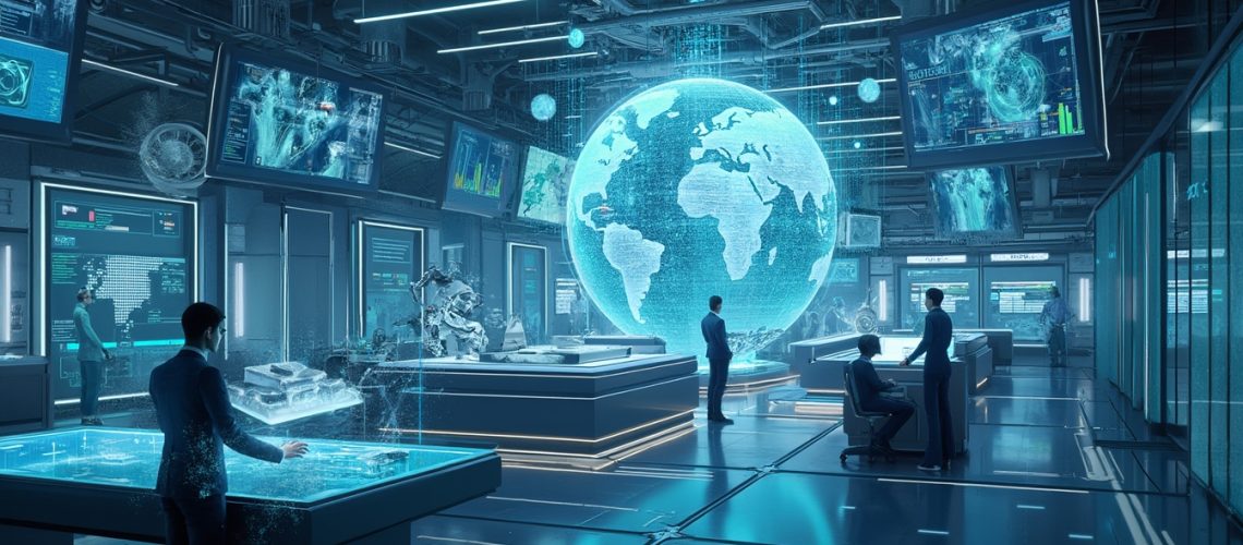 Futuristic control room with holographic globe and screens displaying data, people interacting.