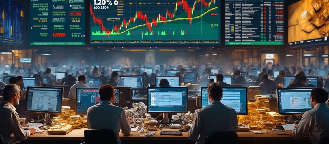 Busy trading floor with monitors, traders, and stacked gold bars under financial graphs and data screens.