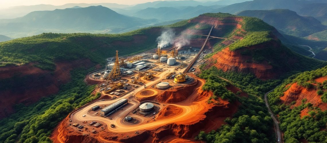 Arrow Minerals Ltd-AMD-Industrial complex amidst lush green hills and red earth, smoke rising from chimneys under cloudy sky.