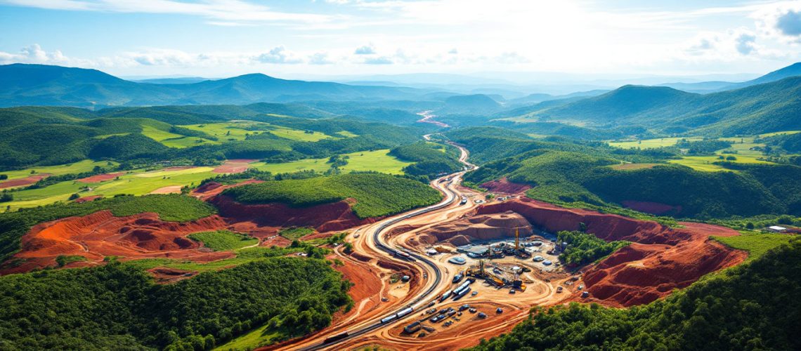 Arrow Minerals Ltd-AMD-Aerial view of a winding road under construction in a lush, hilly landscape with blue skies.