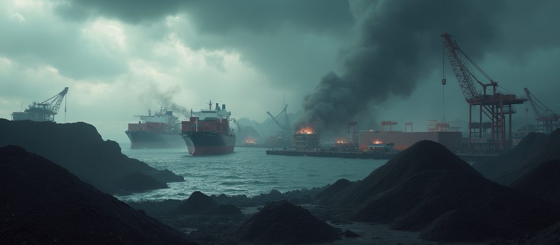 Cargo ships and smoke rise from an industrial port under dark, cloudy skies with heavy machinery present.