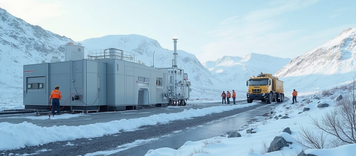 Small modular reactors in snowy Canadian landscape.