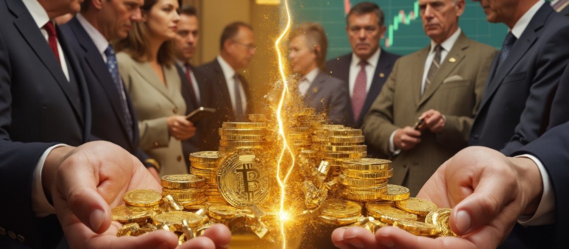 Two hands holding gold bitcoins with a digital chart and people in business attire in the background.