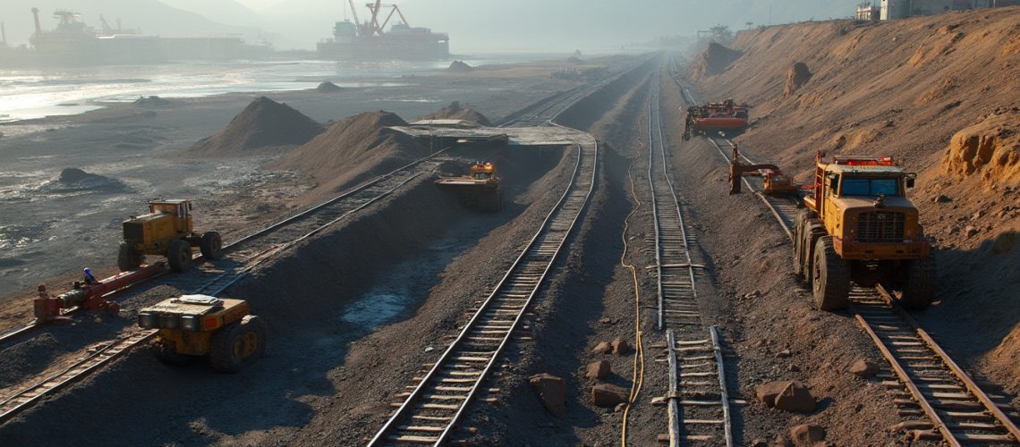 Construction vehicles work on railway tracks in a mountainous, industrial landscape.