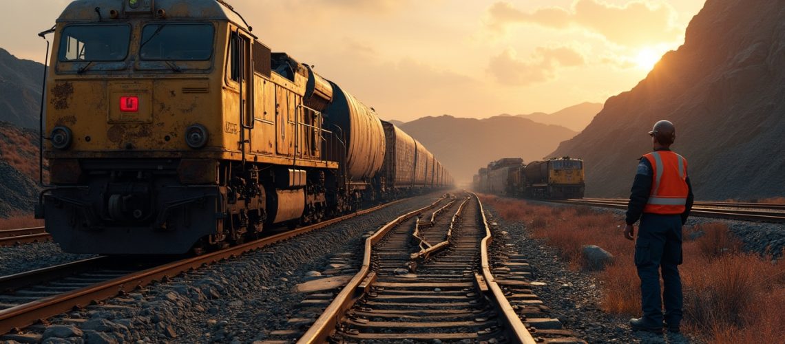 Worker observes a train on parallel tracks during a sunset in a mountainous area.