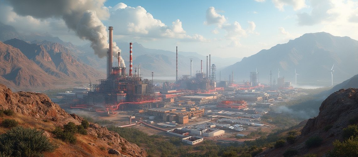 Industrial complex with smokestacks and wind turbines nestled between mountains under a cloudy sky.