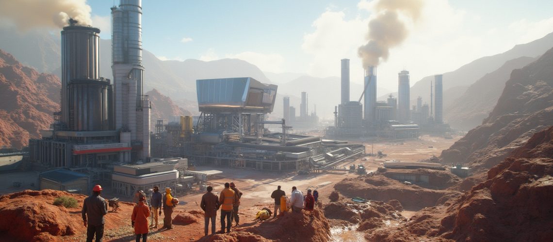 People observing an industrial complex in a red desert landscape with smoke rising from chimneys.