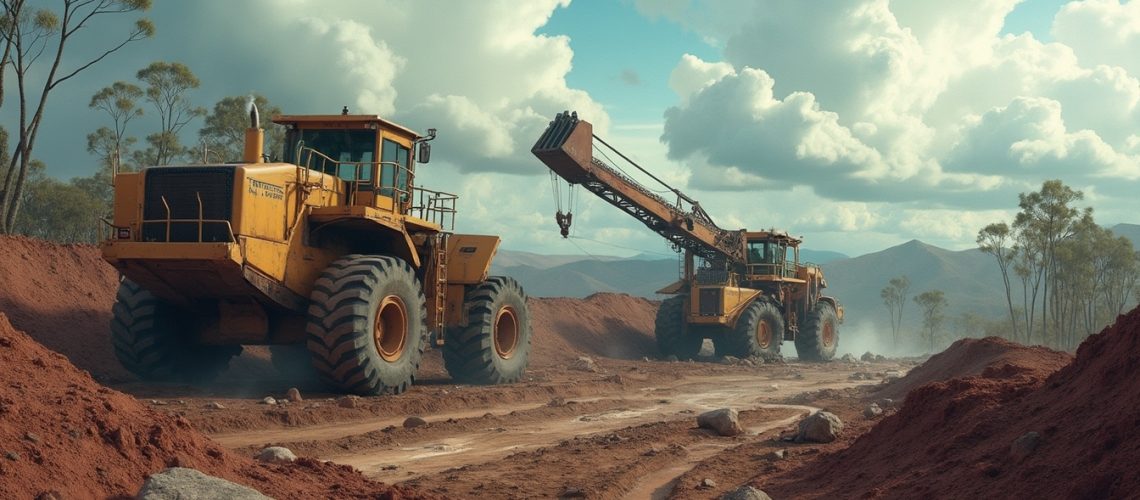 Two large construction vehicles operate on a dirt path under a cloudy sky.