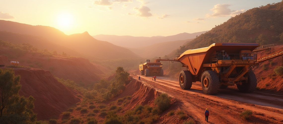 Large mining trucks on a dirt road at sunset, surrounded by a mountainous landscape.