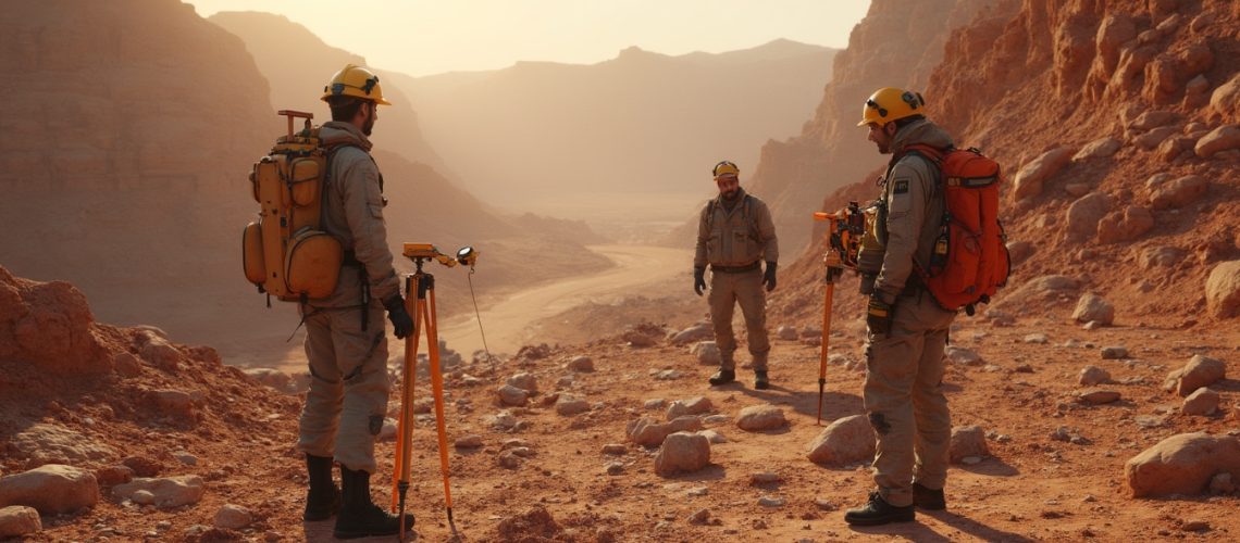 Three explorers in rugged desert terrain using surveying equipment at sunset.