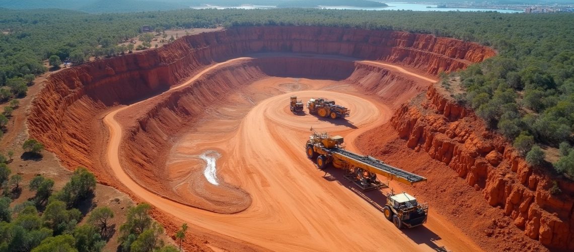 Open-pit mine with red soil, large machinery, surrounded by green forest, and distant mountains.