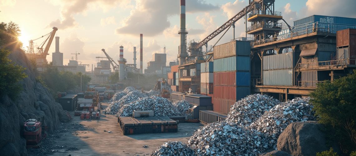 Industrial scrapyard at sunrise with stacked containers and smokestacks in the background.