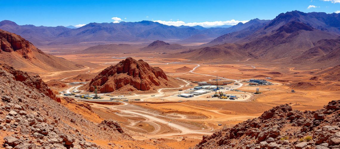 Southern Hemisphere Mining Ltd-SUH-Desert landscape with rocky hills, a distant facility, and mountains under a bright blue sky.