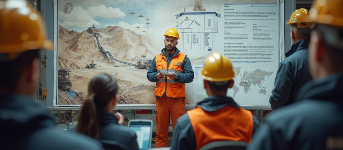 Construction workers in yellow helmets listen to a presentation in front of a detailed site map.