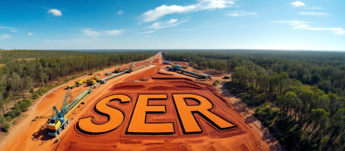 Strategic Energy Resources Ltd-SER-Giant red letters "SER" carved into the earth on a construction site, surrounded by machinery and trees.