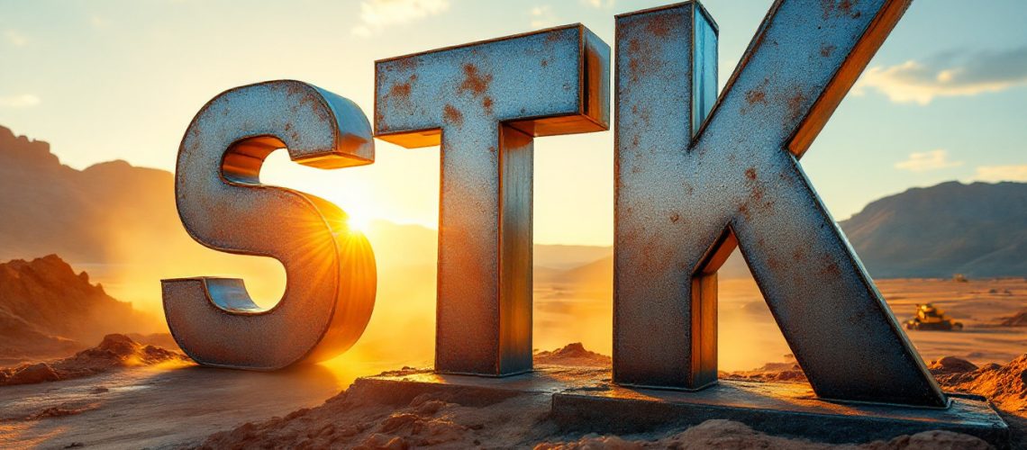 Strickland Metals Ltd-STK-Rusty metal letters "STK" in a desert landscape with the sun setting behind them.