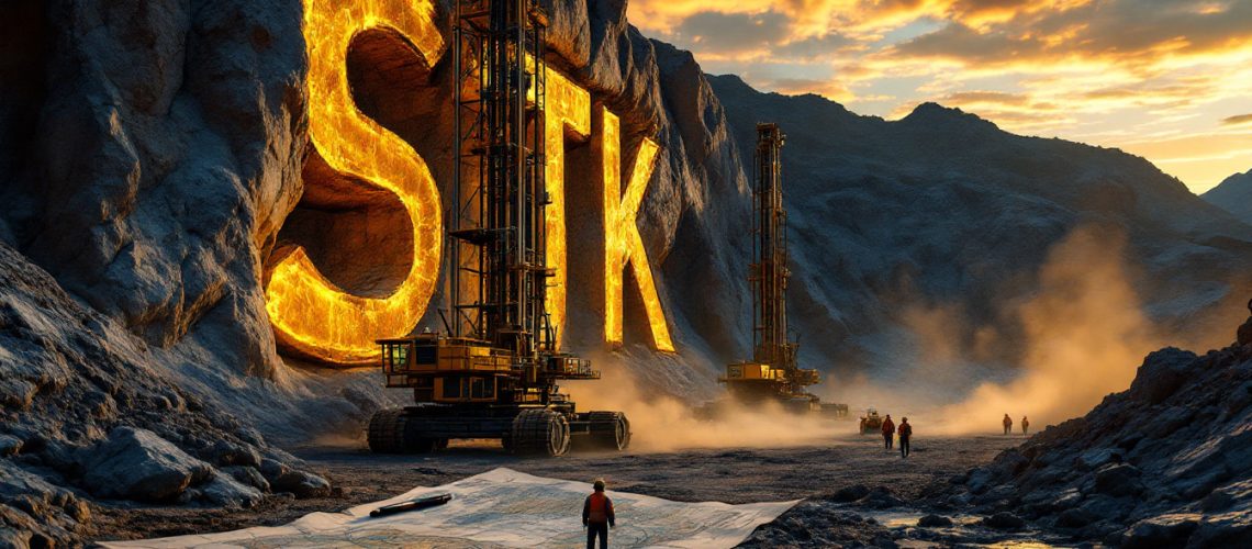 Strickland Metals Ltd-STK-Gigantic glowing letters "STK" carved into a rocky mountain, construction workers nearby.