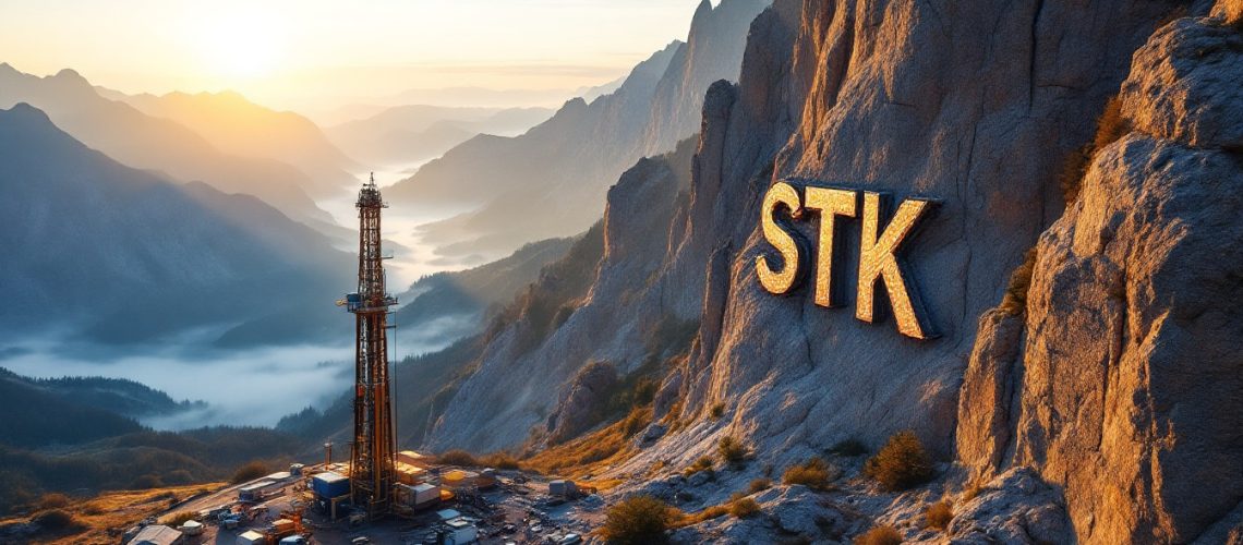 Strickland Metals Ltd-STK-Mountain landscape with an oil rig and large "STK" letters on a cliff at sunrise.