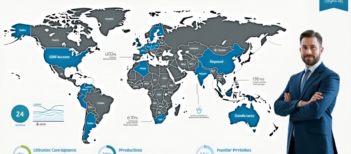 World map with lithium market insights for 2025 and a confident man in a suit on the side.