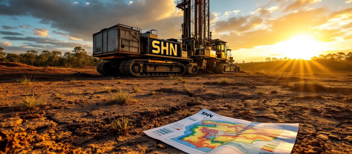 Sunshine Metals Ltd-SHN-Mining equipment and a map in a sunlit landscape with a dramatic sky.