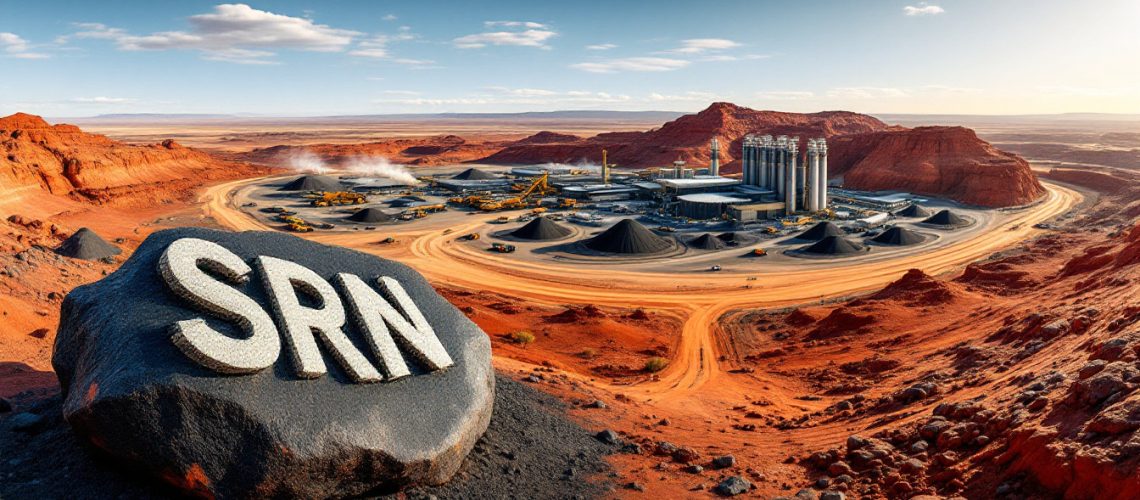 Surefire Resources NL-SRN-Industrial facility in a red desert landscape with "SRN" on a large foreground rock.