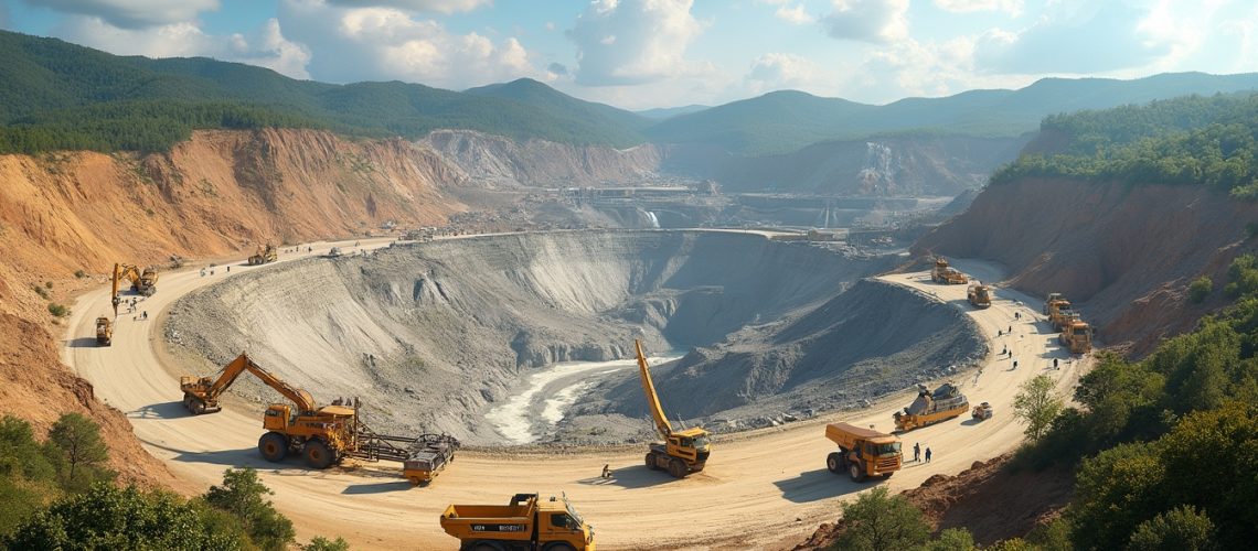 Large open-pit mine with trucks and excavators under a partly cloudy sky.