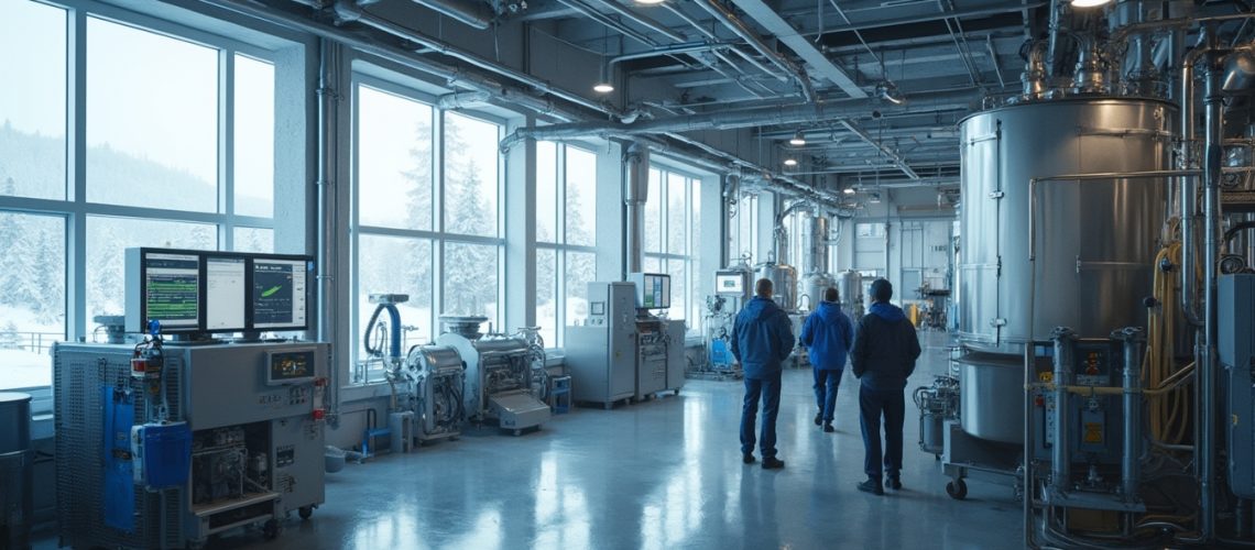 People walking through a modern factory with large machines and screen displays, snowy landscape outside.