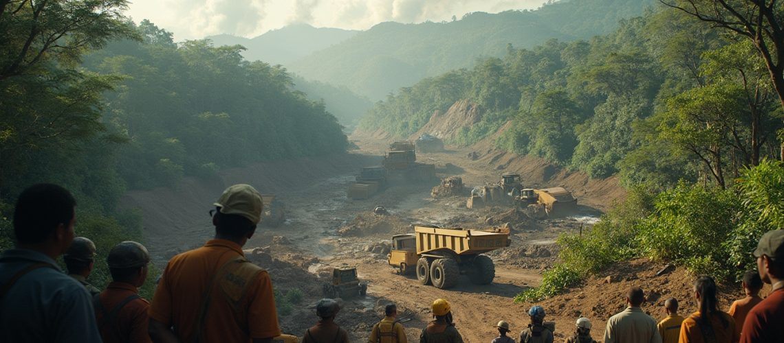 Construction workers watch heavy machinery in a forested valley.