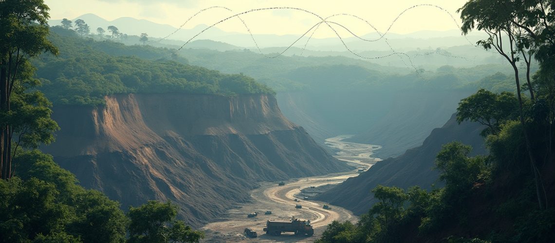 Lush green canyon landscape with winding river and trucks, mountains in the background.