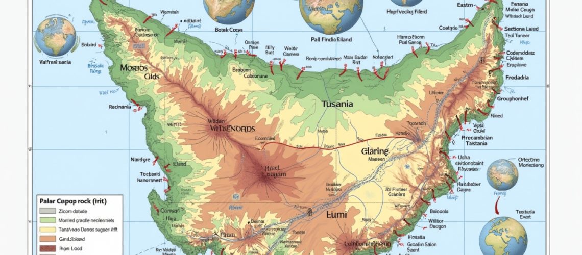 Fantasy map of an island with labeled regions, colorful topography, compass, and surrounding globes.